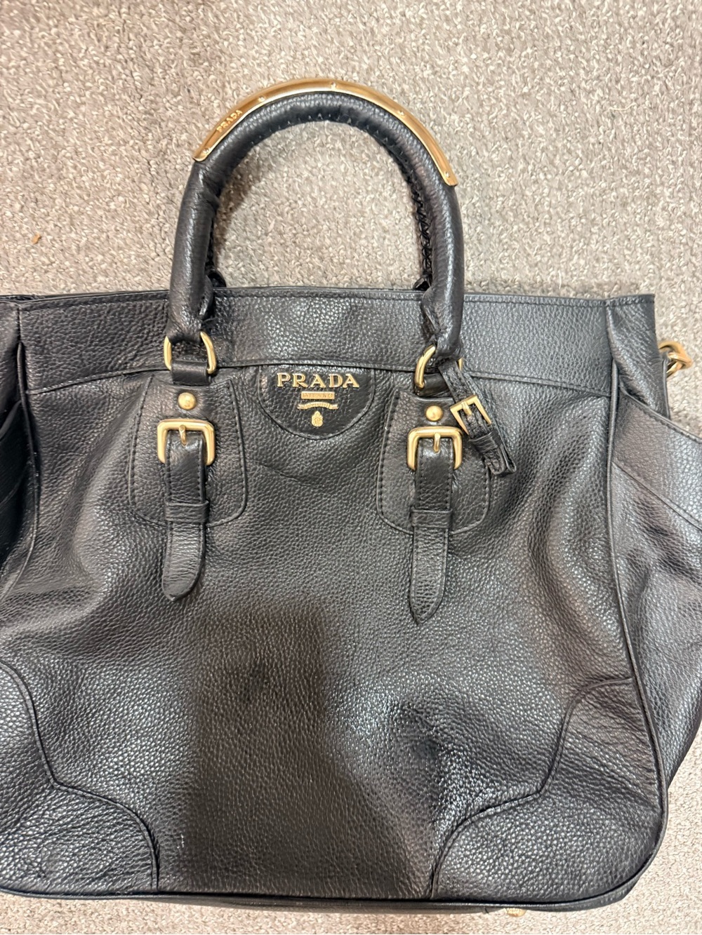 Prada Black Pebbled Leather Tote with Gold Accents